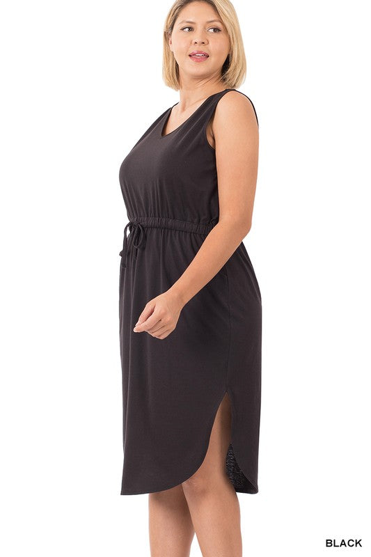 Poly Cotton Drawstring Waist Curved Hem Dress | Plus Size Poly Cotton Drawstring Waist Curved Hem Dress | Plus Size Dress The Shop Room