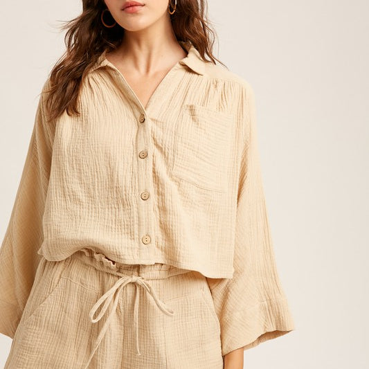 Textured Cotton Button Down Top and Pant Set