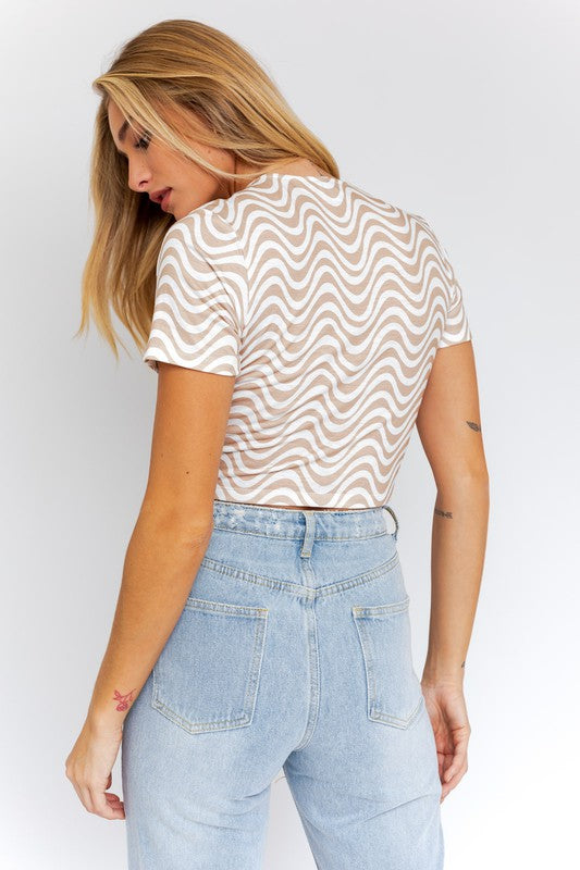 Short Sleeve Front Criss Cross Print Knit Top Short Sleeve Front Criss Cross Print Knit Top Top The Shop Room