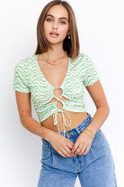 Short Sleeve Front Criss Cross Print Knit Top Short Sleeve Front Criss Cross Print Knit Top Top The Shop Room