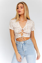 Short Sleeve Front Criss Cross Print Knit Top Short Sleeve Front Criss Cross Print Knit Top Top The Shop Room