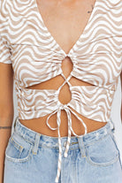 Short Sleeve Front Criss Cross Print Knit Top Short Sleeve Front Criss Cross Print Knit Top Top The Shop Room