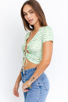 Short Sleeve Front Criss Cross Print Knit Top Short Sleeve Front Criss Cross Print Knit Top Top The Shop Room