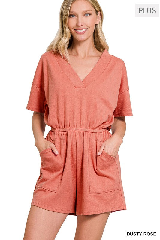 Drop Shoulder V-Neck Romper With Pockets | Plus Size Drop Shoulder V-Neck Romper With Pockets | Plus Size Romper The Shop Room