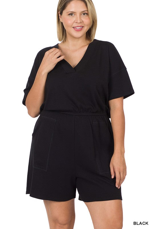 Drop Shoulder V-Neck Romper With Pockets | Plus Size Drop Shoulder V-Neck Romper With Pockets | Plus Size Romper The Shop Room