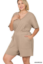 Drop Shoulder V-Neck Romper With Pockets | Plus Size Drop Shoulder V-Neck Romper With Pockets | Plus Size Romper The Shop Room