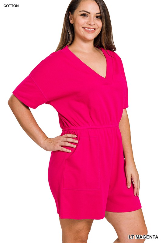 Drop Shoulder V-Neck Romper With Pockets | Plus Size Drop Shoulder V-Neck Romper With Pockets | Plus Size Romper The Shop Room