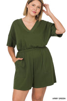 Drop Shoulder V-Neck Romper With Pockets | Plus Size Drop Shoulder V-Neck Romper With Pockets | Plus Size Romper The Shop Room