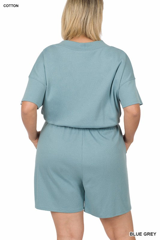 Drop Shoulder V-Neck Romper With Pockets | Plus Size Drop Shoulder V-Neck Romper With Pockets | Plus Size Romper The Shop Room