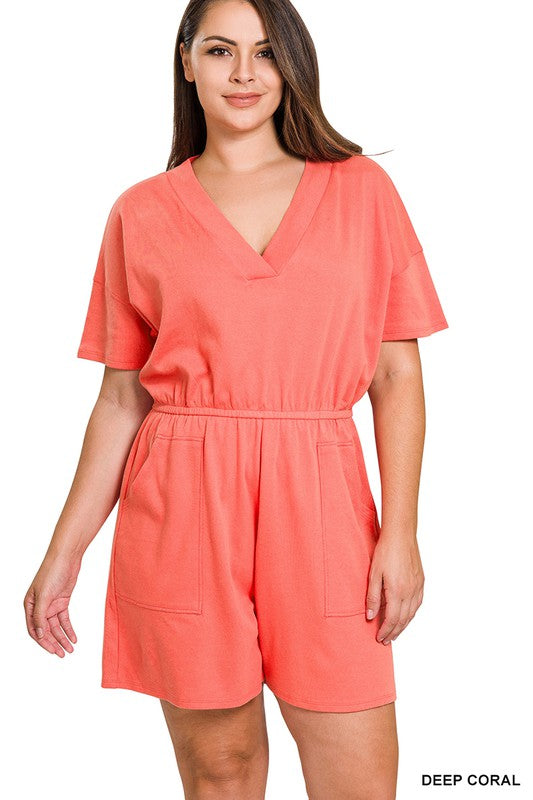 Drop Shoulder V-Neck Romper With Pockets | Plus Size Drop Shoulder V-Neck Romper With Pockets | Plus Size Romper The Shop Room