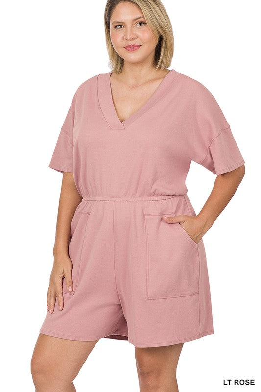 Drop Shoulder V-Neck Romper With Pockets | Plus Size Drop Shoulder V-Neck Romper With Pockets | Plus Size Romper The Shop Room