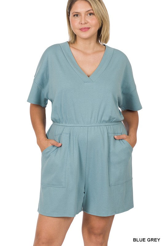 Drop Shoulder V-Neck Romper With Pockets | Plus Size Drop Shoulder V-Neck Romper With Pockets | Plus Size Romper The Shop Room