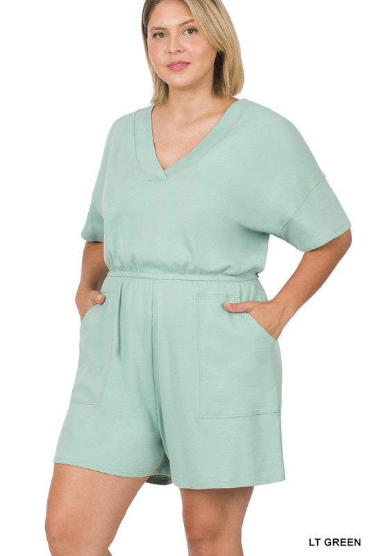 Drop Shoulder V-Neck Romper With Pockets | Plus Size Drop Shoulder V-Neck Romper With Pockets | Plus Size Romper The Shop Room