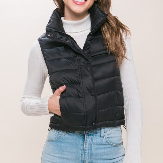 High Neck Zip Up Puffer Vest With Storage Pouch