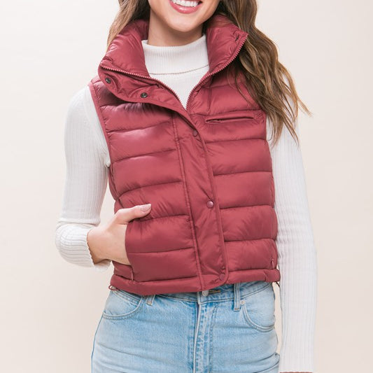 High Neck Zip Up Puffer Vest With Storage Pouch
