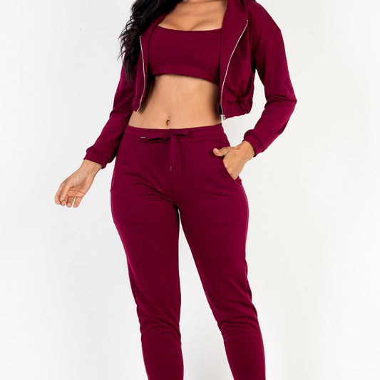 Cropped Cami with Zip-up Jacket and Joggers Set