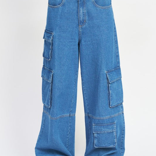 Wide Leg Denim Pants With Pockets