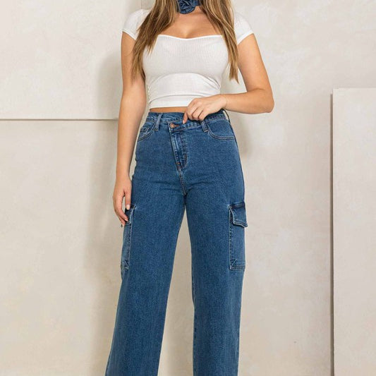 High Rise Crossed Waist Cargo Wide Jeans