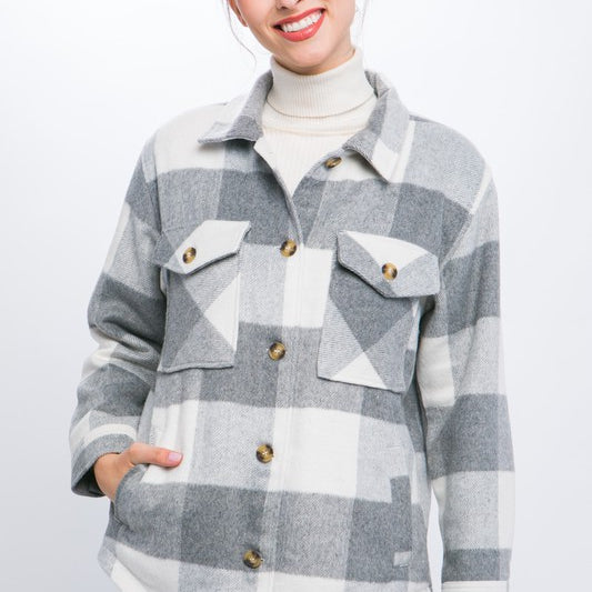Plaid Button Down Jacket with Front Pocket Detail