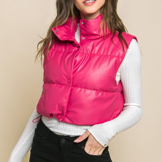 PU Faux Leather Puffer Vest With Snap Button