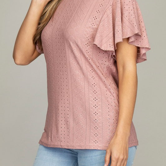 Embroidered Eyelet Top With Wing Sleeve